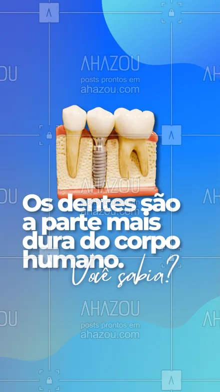 posts, legendas e frases de odontologia para whatsapp, instagram e facebook: É isso mesmo! Os nossos dentes são a parte mais dura do nosso corpo. Eles são feitos de cálcio, fósforo e possuem bastante colágeno. Mas apesar da dureza, não são considerados ossos. E aí, você já sabia dessa? 🤔🦷 #vocêsabia #dentes #curiosidades #odonto #dentista #AhazouSaude #saude  #odontologia  #bemestar 