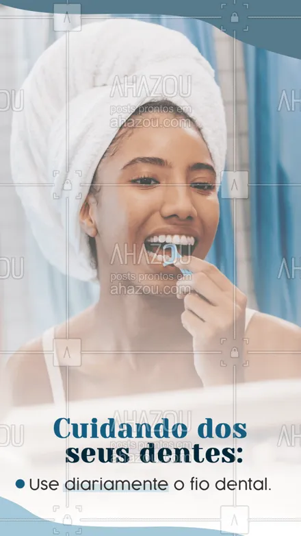 posts, legendas e frases de odontologia para whatsapp, instagram e facebook: O fio dental deve ser usado sempre após a escovação. Ele remove os resíduos que ficam em locais onde a escova não alcança! 😉
#AhazouSaude #bemestar  #odonto  #odontologia  #saude 
