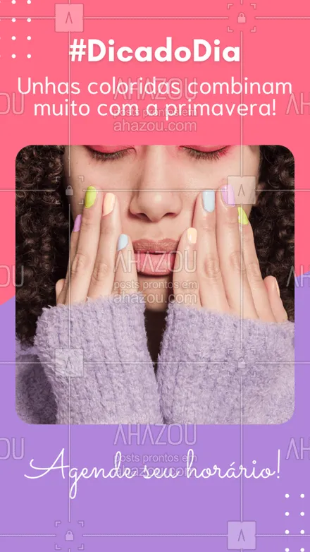 posts, legendas e frases de manicure & pedicure para whatsapp, instagram e facebook: Dê às suas unhas as cores vivas da primavera! Agende um horário conosco! 💅🌷
#AhazouBeauty #unhas  #beleza  #unhasdehoje  #nailart  #manicure  #pedicure  #nailsaloon 