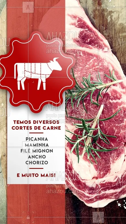 posts, legendas e frases de assuntos variados de gastronomia para whatsapp, instagram e facebook: Nos visite para conhecer todas as nossas opções de cortes de carne! 
#açougue #carnes #butcher #ahazoutaste #foodlovers 