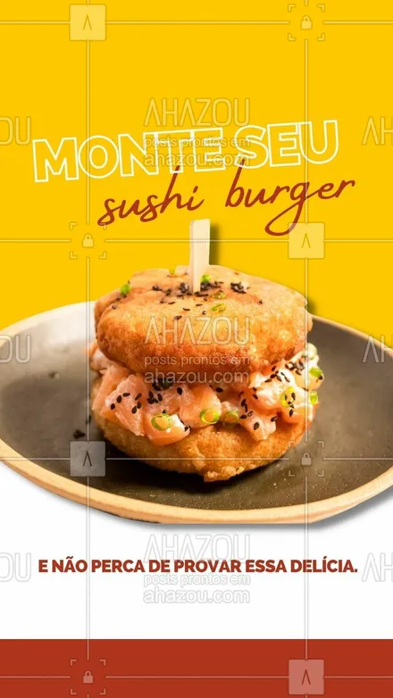posts, legendas e frases de cozinha japonesa para whatsapp, instagram e facebook: Montamos seu sushi burger com recheios e vários tipos de opções, como você deseja, a seu gosto. Você escolhe o recheio e nós fazemos a entrega na sua casa. Surpreenda seus amigos com essa novidade e garanta o sucesso do seu jantar. (inserir número)
 #comidajaponesa  #japa #ahazoutaste #sushiburger  #sushidelivery  #sushilovers 