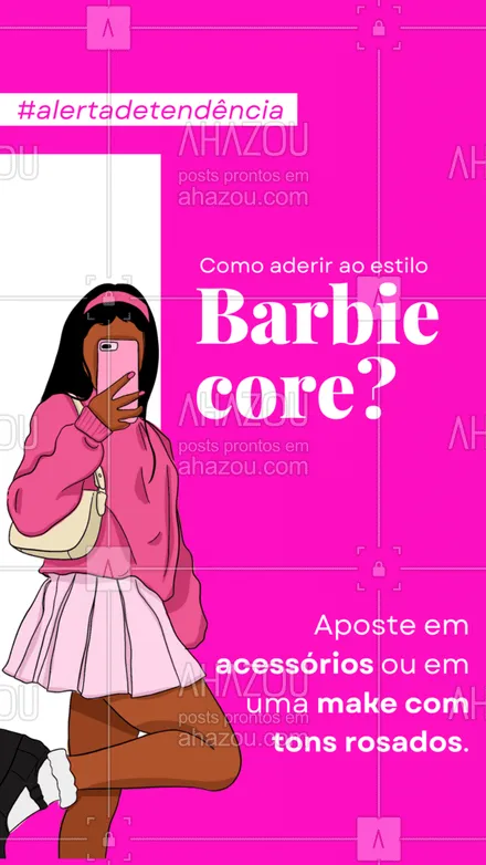 posts, legendas e frases de assuntos variados de Moda para whatsapp, instagram e facebook: Uma outra forma de aderir ao Barbiecore é apostar em acessórios para os seus looks, como bolsas, sapatos e cintos, em tons de rosa. Uma outra dica é utilizar a make para aderir ao estilo. E aí, você já começou a aposta nessa moda? #moda #AhazouFashion #fashion #style #tendência #barbiecore #AhazouFashion #AhazouFashion 