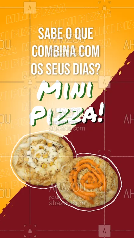 posts, legendas e frases de pizzaria para whatsapp, instagram e facebook: Experimente nossas mini pizzas! Temos vários sabores, escolha o seu preferido e aproveite! #ahazoutaste #minipizza #pizza #pizzalife #pizzaria #ahazoutaste 