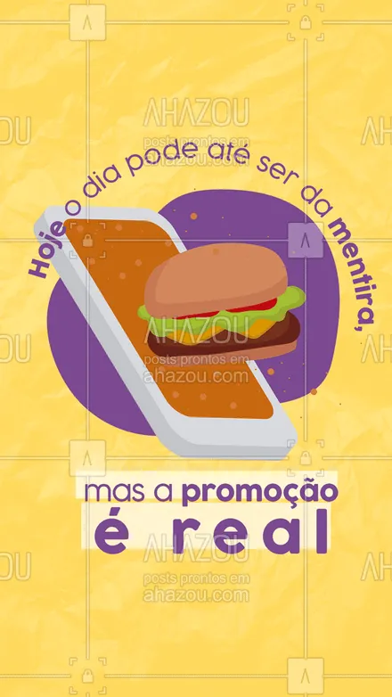 posts, legendas e frases de hamburguer para whatsapp, instagram e facebook: (Insira sua promoção). Não acredita? Então venha nos visitar ou peça pelo delivery. Você vai se surpreender! #hamburgueriaartesanal #hamburgueria #burgerlovers #ahazoutaste  #burger #artesanal #promoçao #diadamentira #1deabril