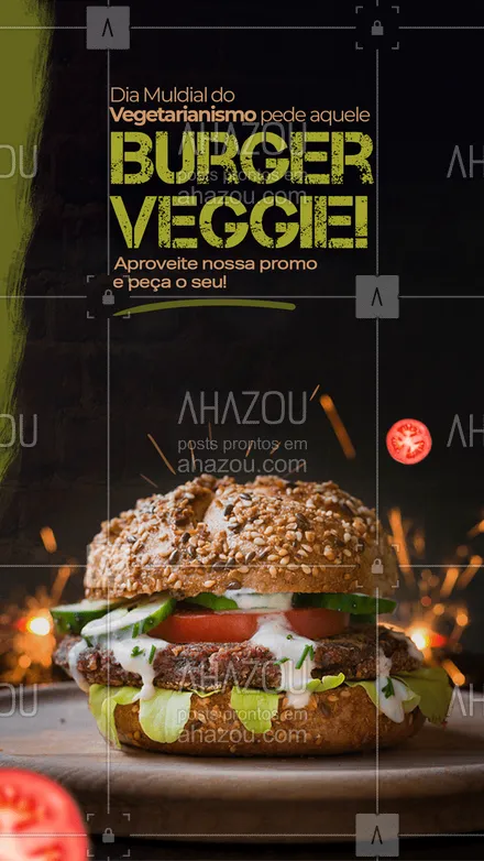 posts, legendas e frases de hamburguer para whatsapp, instagram e facebook: Que tal aquele burger gostosão e saudável?! Aproveite nossa promoção especial do Dia Mundial do Vegetarianismo e pede logo o seu! 
#burgerveggie #DiaMundialDoVegetarianismo #vegetariano #veggie #ahazoutaste  #artesanal  #burger  #burgerlovers  #hamburgueria 