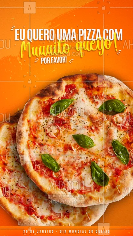 posts, legendas e frases de pizzaria para whatsapp, instagram e facebook: Para comemorar o dia mundial do queijo, que tal pedir uma pizza com muuuito queijo? ?? #ahazoutaste #pizza #pizzaria #pizzalife #diadoqueijo #ahazoutaste 
