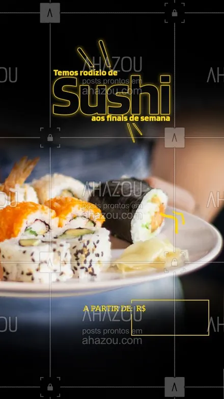 posts, legendas e frases de cozinha japonesa para whatsapp, instagram e facebook: Procurando algo diferente para fazer no final de semana? Venha conhecer nosso rodízio de sushi! <3 
#foodlovers #ahazoutaste #comidajaponesa #sushi
#rodízio