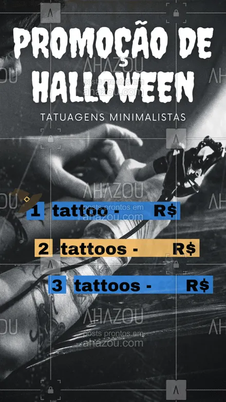 posts, legendas e frases de estúdios, tatuadores & body piercer para whatsapp, instagram e facebook: Faça o seu agendamento e garanta o seu desconto nesse Halloween!👻
#AhazouInk #halloween #promoção #desconto #oferta #tattoominimalista  #tattoo  #tatuagem  #estudiodetattoo 