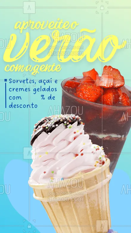 posts, legendas e frases de gelados & açaiteria para whatsapp, instagram e facebook: Venha se refrescar e curtir o verão com a gente.
XX% de descontos no nosso cardápio de sobremesas geladas,
Sorvetes, açaí e cremes. Escolha o seu!
#ahazoutaste #açaí #açaíteria #cupuaçú #gelados #icecream #sorvete #sorveteria #ahazoutaste 