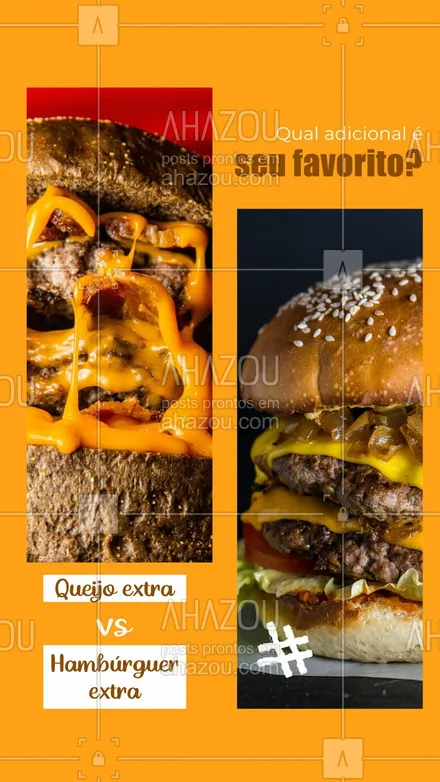 posts, legendas e frases de hamburguer para whatsapp, instagram e facebook: Você é team queijo extra ou um hambúrguer a mais? Participe da enquete e conta pra gente nos comentários o por quê da sua escolha! 😋🍔 #ahazoutaste #artesanal  #burger  #burgerlovers  #hamburgueria  #hamburgueriaartesanal 