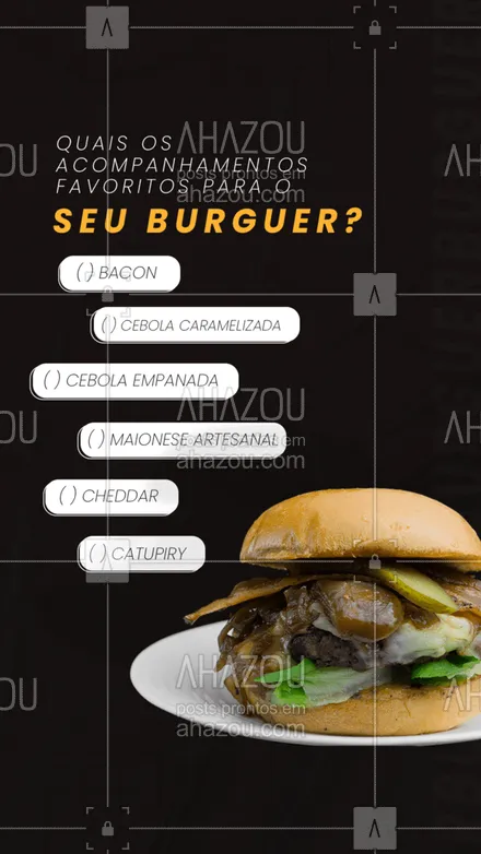 posts, legendas e frases de hamburguer para whatsapp, instagram e facebook:  Conta aqui nos comentários quais os seus acompanhamentos favoritos. 🍟🍔#enquete #ahazoutaste#hamburguer #artesanal #burger