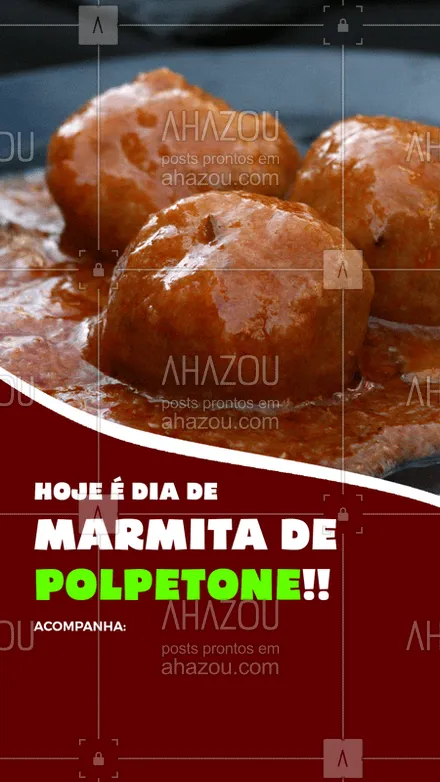 posts, legendas e frases de marmitas para whatsapp, instagram e facebook: Já experimentou o nosso polpetone? Não? Então aproveite e se delicie com a nossa marmita que vem acompanhada de (------------------------). Qualidade e bom preço você só encontra aqui. Não perca tempo. #marmita #AhazouTaste #quentinha #polpetone