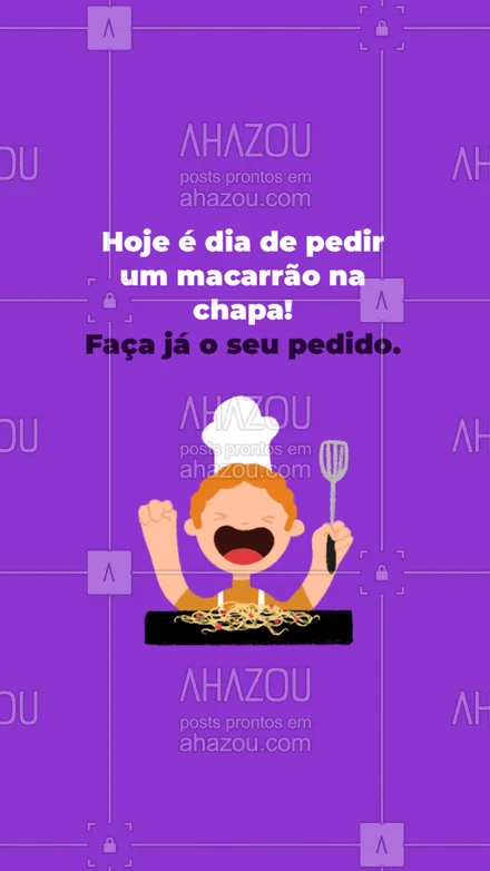 posts, legendas e frases de cozinha italiana para whatsapp, instagram e facebook:  Quer matar aquela vontade de comer macarrão na chapa? Então você já pode pedir ele por delivery! Faça já o seu pedido pelo telefone: (_____________________________) #Macarrão #Convite #ahazoutaste  #Delivery #MacarrãoNaChapa 