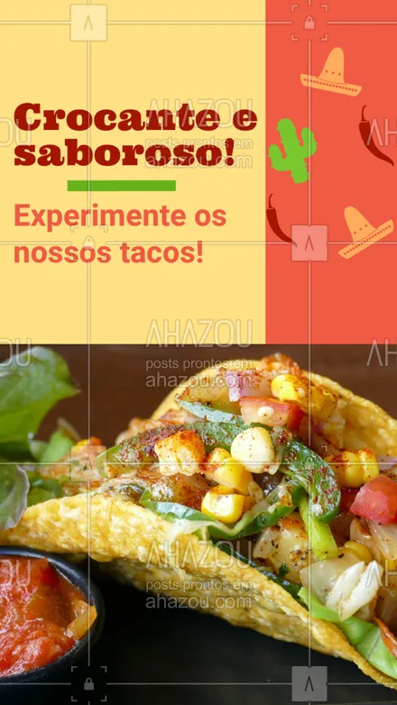 posts, legendas e frases de cozinha mexicana para whatsapp, instagram e facebook: Toda crocância e sabor incrível dos nossos tacos diretamente para a sua casa! Entre em contato e peça já o seu! #comidamexicana #cozinhamexicana #vivamexico #ahazoutaste #tacos #taco #sabor #opçoes