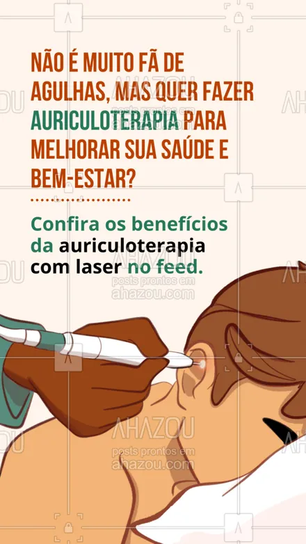 posts, legendas e frases de para whatsapp, instagram e facebook: Apesar do uso das agulhas na auriculoterapia tradicional, a técnica geralmente não causa muitas dores. Porém, se você ainda fica com um pé atrás, não é muito tolerante à dor ou odeia agulhas, você pode optar por fazer o tratamento com laser! Isso mesmo, a auriculoterapia com laser é tão eficaz quanto a tradicional no que se diz ao estimulo dos pontos auriculares, é mais econômica, pois dispensa o uso de agulhas ou sementes - que é descartado em toda sessão - e é completamente indolor, já que seus raios térmicos são de baixa intensidade. Agora que você já conferiu alguns dos benefícios dessa técnica, que tal agendar a sua primeira sessão? É só entrar em contato por DM ou através do número (inserir contato). #AhazouSaude #bemestar #saude #terapiascomplementares #vivabem #auriculoterapia #auriculo #auriculoterapiacomlaser #laser