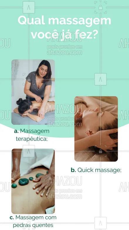 posts, legendas e frases de massoterapia para whatsapp, instagram e facebook: Quais estilos de massagem você já fez e qual foi sua favorita até agora? Nós estamos curiosos para saber, conta aqui!🥰  #AhazouSaude #massagem  #massoterapeuta  #massoterapia  #quickmassage  #relax #enquete