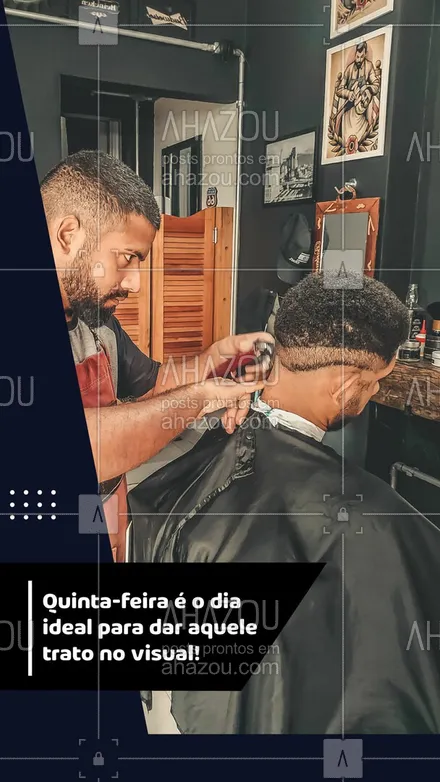 posts, legendas e frases de barbearia para whatsapp, instagram e facebook: Que tal aproveitar essa quinta para marcar seu horário e vir dar aquele trato no visu? 😎
#AhazouBeauty #barba  #barbearia  #barbeiro  #barbeirosbrasil  #barberShop 