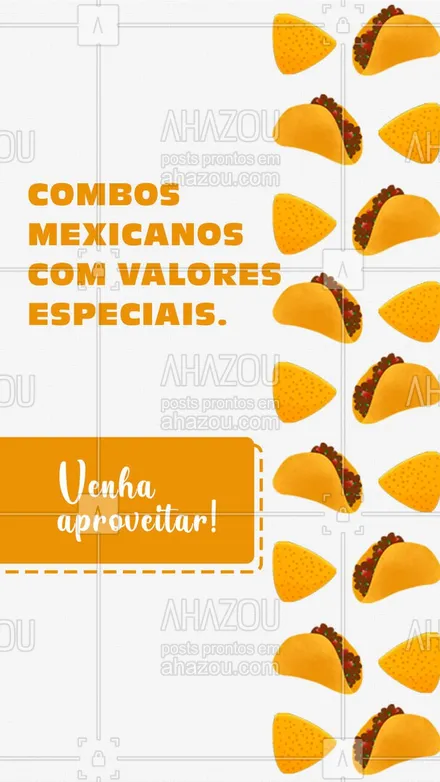 posts, legendas e frases de cozinha mexicana para whatsapp, instagram e facebook: Combos de tacos e burritos + bebidas com descontos imperdíveis
Venha aproveitar!
#ahazoutaste #comidamexicana  #cozinhamexicana  #nachos  #texmex  #vivamexico 