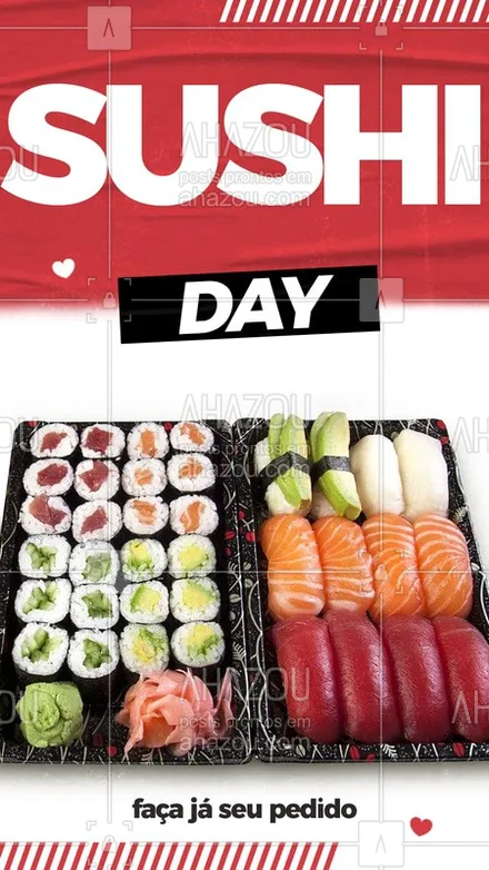 posts, legendas e frases de cozinha japonesa para whatsapp, instagram e facebook: E hoje também é dia de sushi, por isso confira e escolha as peças que você mais gosta e faça já o seu pedido.?? #JapaneseFood #Ahazou #Sushi #Delivery 