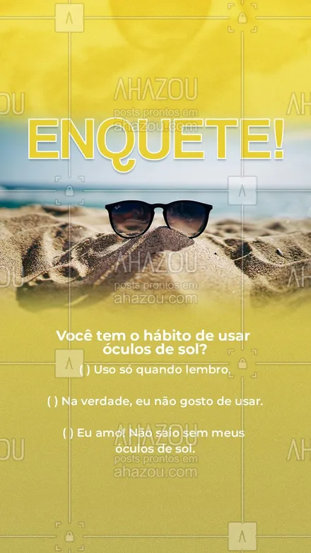 posts, legendas e frases de óticas  para whatsapp, instagram e facebook: Os óculos de sol são um acessório que além de proteger os seus olhos dos raios UV, podem completar o seu look. Proteção e elegância em um único acessório! Entre em contato e escolha os seus óculos de sol.📲🕶 #enquete #óculos #óculosdesol #AhazouÓticas #lentesdecontato  #oculosdegrau  #oculos  #otica  #oticas  #oculosdesol 