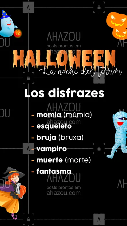 posts, legendas e frases de línguas estrangeiras para whatsapp, instagram e facebook: Y tu? Já conhecia o nome das fantasias de Halloween em Espanhol? ?? #Espanhol #Disfrazes #AhazouEdu #Halloween  #aulasdeespanhol