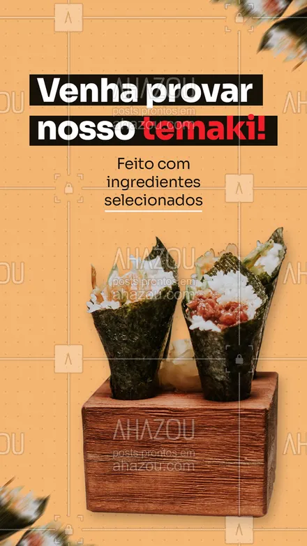 posts, legendas e frases de cozinha japonesa para whatsapp, instagram e facebook: Aqui nossos temakis são feitos com ingredientes selecionados! Com recheio de salmão, camarão 🍤, do jeito que preferir! Peça já o seu 📲🥢(inserir WhatsApp)!


#ahazoutaste #sushitime  #sushilovers  #sushidelivery  #japanesefood  #japa  #comidajaponesa 