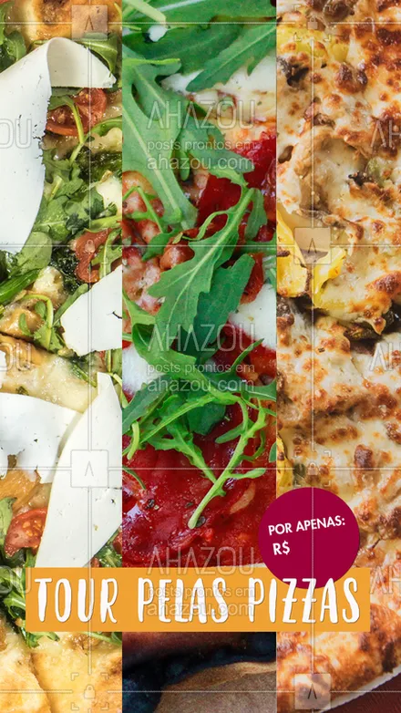 posts, legendas e frases de pizzaria para whatsapp, instagram e facebook: Mais uma promoção deliciosa aqui: Tour pelas pizzas.?
São três opções de pizza que você pode escolher para saborear, feito com a massa fresca e saborosa que você já conhece. E tudo por um preço irresistível, rodízio por penas R$xx,xx.
#ahazoutaste #pizza #food #delicia #desconto 