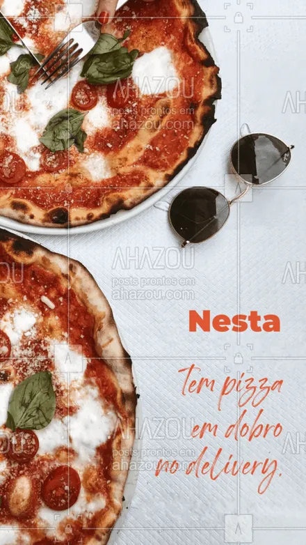 posts, legendas e frases de pizzaria para whatsapp, instagram e facebook: É isso mesmo!!! Nesta (inserir o dia da semana) tem pizza em dobro. Pediu uma pizza no seu sabor favorito, leva outra de (inserir os sabores disponíveis) por nossa conta. Vai perder? ?? #gastronomia #taste #pizza #AhazouTaste #pizzaria #delivery #pizzaemdobro