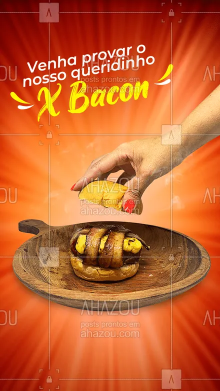 posts, legendas e frases de hamburguer para whatsapp, instagram e facebook: Entre os nossos lanches mais gostosos aparecem o x-bacon, e podemos te garantir que ele realmente é uma explosão de sabores ? #ahazoutaste #hamburgueria #burger #bacon #xbacon #convite 