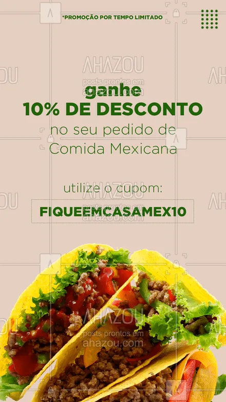 posts, legendas e frases de cozinha mexicana para whatsapp, instagram e facebook: Para mais informações: (contato) 
#CupomdeDesconto #Cupom #Desconto #Promoção #Gastronomia #AhazouTaste #Quarentena #ComidaMexicana
