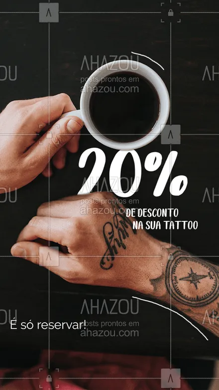 posts, legendas e frases de estúdios, tatuadores & body piercer para whatsapp, instagram e facebook: Ganhe 20% de desconto na sua próxima tattoo! É só reservar e o desconto é seu!
#Tatuagem #AhazouInk #Desconto