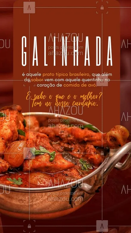 posts, legendas e frases de comidas variadas para whatsapp, instagram e facebook: 🍗 Quem gosta de GALINHADA? 

Esse prato totalmente brasileiro está te esperando bem aqui, no nosso cardápio.😋

📲 Delivery: (inserir contato ou direcionar para a bio).
📍 Nosso endereço: (inserir endereço).
⏰ (Inserir horário de funcionamento).

#AhazouTaste #Gastronomia #Galinhada #ComidaBrasileira #GastronomiaBrasileira #Gastro #Frango #Restaurante #Cardapio