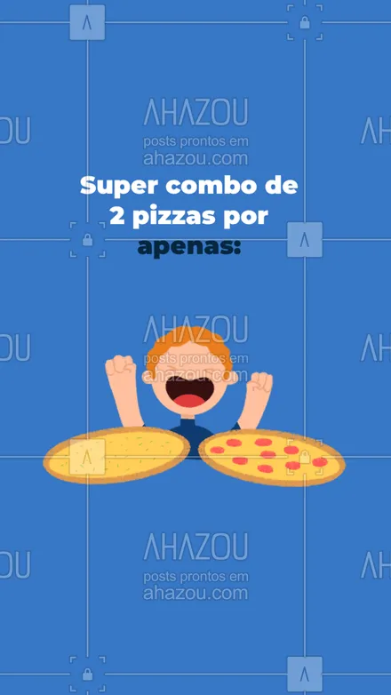 posts, legendas e frases de pizzaria para whatsapp, instagram e facebook: Para alegrar o seu dia hoje tem um super combo de 2 pizzas por um preço super especial! Não perca tempo e já faz o seu pedido pelo telefone: (_______________________) #Pizza #Convite #ahazoutaste #Pizzaria #Combo 