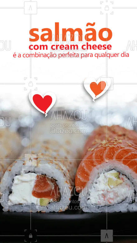 posts, legendas e frases de cozinha japonesa para whatsapp, instagram e facebook: Salmão com cream cheese é igual a você + a gente: uma combinação perfeita!
Vem pra cá! ?❤?

#sushi #salmão #restaurantejapones #ahazoutaste