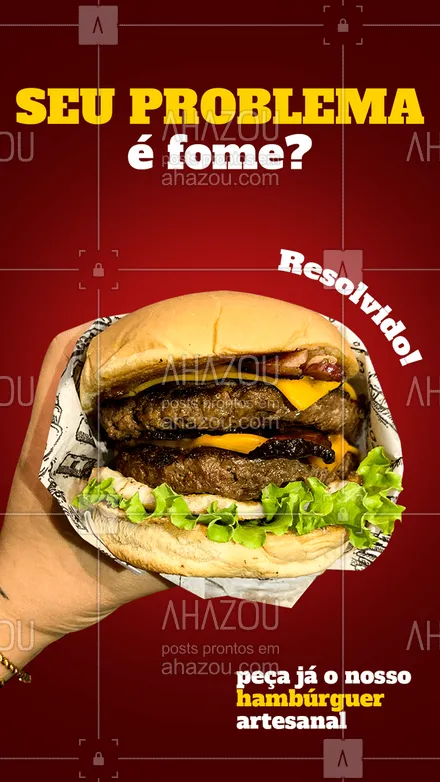 posts, legendas e frases de hamburguer para whatsapp, instagram e facebook: Acabe agora com todos os seus problemas, mate sua fome, com o nosso delicioso hambúrguer artesanal.🍔 ahazoutaste #hamburgueriaartesanal  #hamburgueria  #burgerlovers  #burger  #artesanal 