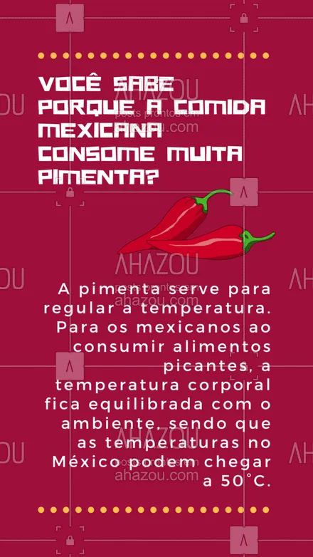 posts, legendas e frases de cozinha mexicana para whatsapp, instagram e facebook:  A pimenta não serve somente para equilibrar a temperatura corporal, mas também é muito benefíca para a saúde:
? combate ao envelhecimento precoce;
? melhora na digestão;
? aceleração do metabolismo;
? alívio das dores.

#ahazoutaste  #comidamexicana #cozinhamexicana #vivamexico #texmex #pimenta #curiosidade #vocesabia