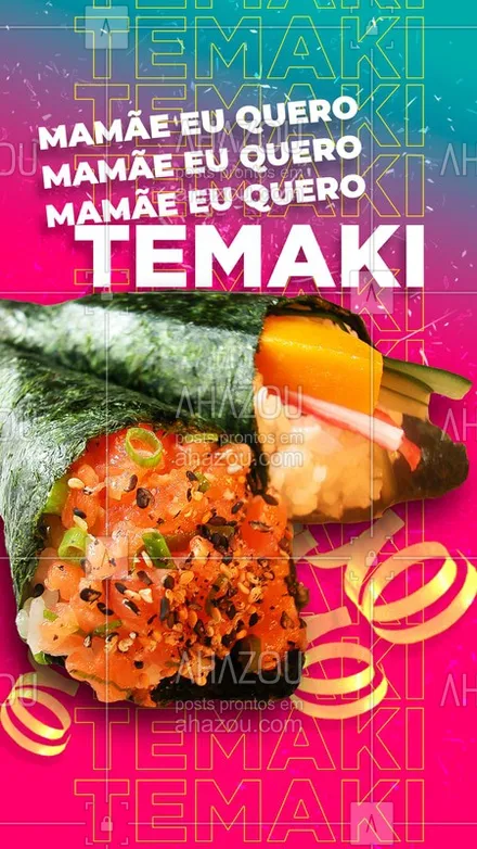 posts, legendas e frases de cozinha japonesa para whatsapp, instagram e facebook: É Temaki o que você quer @? 
#Temaki #Carnaval #AhazouTaste #Convite #Engraçado #Temporal #Gastronomia #ComidaJaponesa
