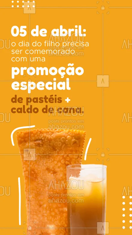 posts, legendas e frases de pastelaria  para whatsapp, instagram e facebook: Nada melhor do que celebrar o dia das pessoas que amamos. Pensando nisso, criamos uma promoção especial para comemorar o dia dos filhos, 05 de abril, com o combo amado pelos brasileiros: pastel + caldo de cana. Aproveite essa oportunidade. 

#pastel  #pastellife  #pastellovers #ahazoutaste #pastelaria #promocional #promoção #diadofilho #05deabril #celebração