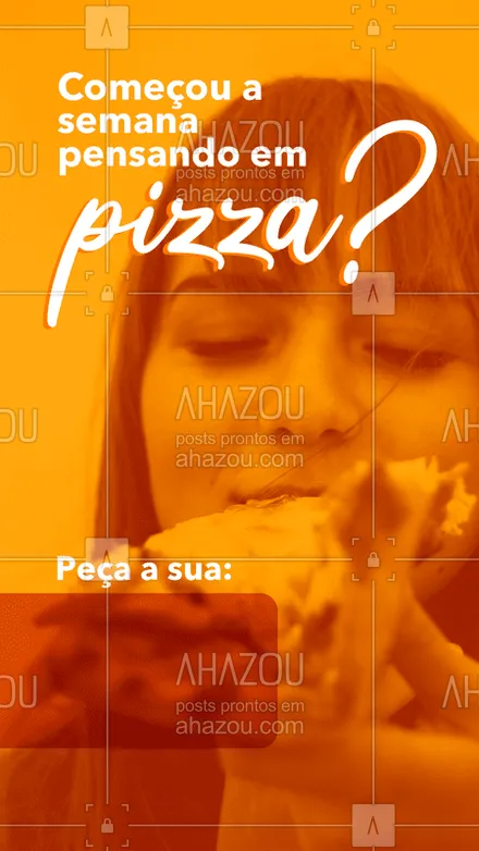 posts, legendas e frases de pizzaria para whatsapp, instagram e facebook: Quem aí começou a semana pensando em pizza? ?‍♀ ? Então pede a tua pelo nosso delivery! 

#pizzaria #pizza #delivery #ahazoutaste #quarentena 