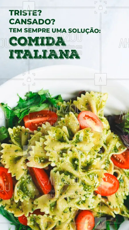 posts, legendas e frases de cozinha italiana para whatsapp, instagram e facebook: Sempre tem uma solução pro seus problemas! hahahahaha Venha soluciona-los pedindo nossa comida Italiana!! #ahazou #gastronomia #comidaitaliana