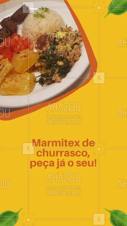 posts, legendas e frases de marmitas para whatsapp, instagram e facebook: HUUUM, uma marmitinha de churrasco cairia muito bem agora, não é mesmo? Então, aproveite para pedir a sua! 😋 #ahazoutaste #comidacaseira #marmitando #marmitex #marmitas 