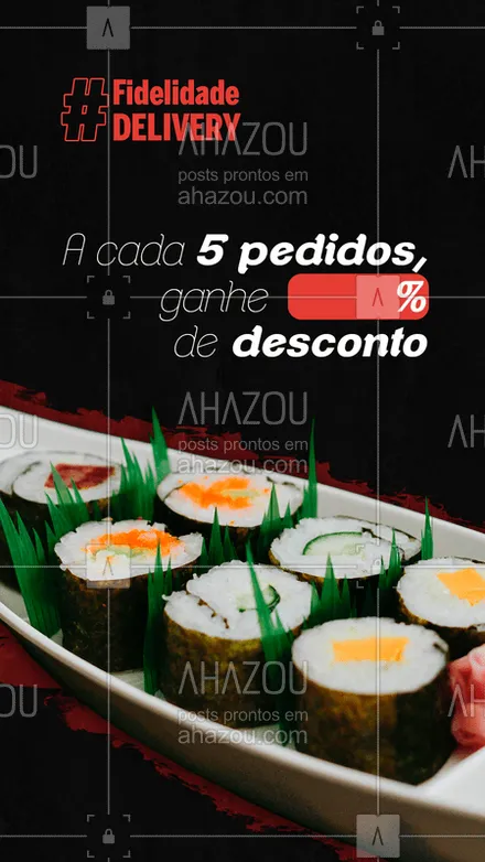posts, legendas e frases de cozinha japonesa para whatsapp, instagram e facebook: Já que é para ficar em casa, então que seja aproveitando uma deliciosa comida japonesa, não é mesmo?! E aqui tem #FidelidadeDelivery! A cada 5 pedidos, você ganha (X)% de desconto no próximo pedido. 

*Válido somente para delivery. 

#ComidaJaponesa #delivery #FiqueEmCasa #sushi #ahazoutaste #quarentena