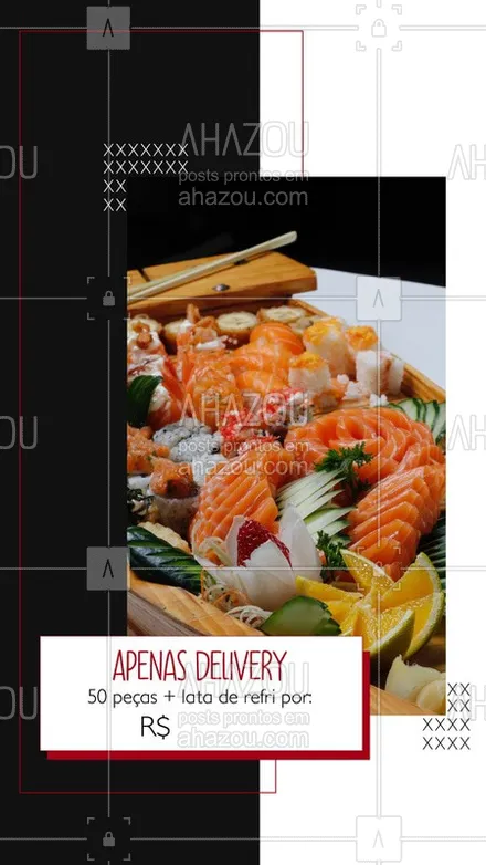 posts, legendas e frases de cozinha japonesa para whatsapp, instagram e facebook: Devido a quarentena, estamos atendendo apenas via delivery, porém, não deixe de aproveitar nossa promoção 50 peças, a sua escolha,  por apenas R$XX.
Entre em contato pelo whatsapp xxxxx-xxxx e peça já!  #ahazoutaste #japa #culinariajaponesa #sushi #delivery #covid19 #coronavirus