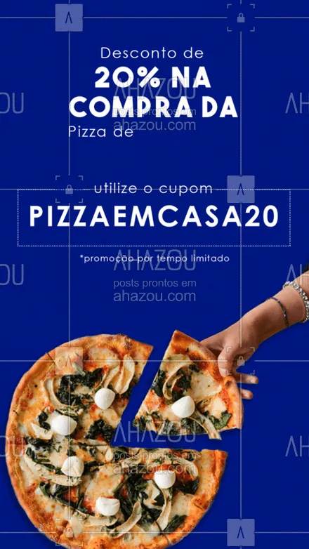 posts, legendas e frases de pizzaria para whatsapp, instagram e facebook: 20% de desconto! Aproveite essa promoção. ❤? Faça já o seu pedido pelo aplicativo ou pelo: (contato) 

#AhazouTaste #Pizza #Pizzaria #CupomdeDesconto #Quarentena #Gastronomia #Promoção

