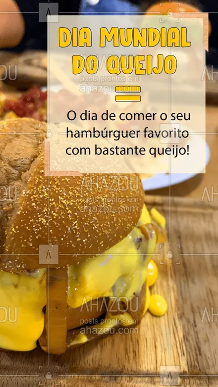 posts, legendas e frases de hamburguer para whatsapp, instagram e facebook: Qual das nossas opções de hambúrgueres com queijo é o seu favorito? ?? Conta aqui pra gente e já convida alguém para vir comer com você.?  
.
?(inserir nome do estabelecimento)?
☎️(inserir contato)
?(inserir endereço, se houver)
⏰(inserir horário de funcionamento)

#AhazouTaste #Hamburguer #Burger #DiaMundialdoQueijo #Queijo

