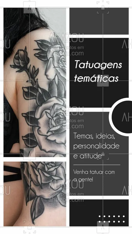 posts, legendas e frases de estúdios, tatuadores & body piercer para whatsapp, instagram e facebook: Sua personalidade estampada na sua pele.
Tatuagem temática
Escolha o seu tema e venha tatuar com a gente!
Agende seu horário!
#AhazouInk #dicadetattoo  #estudiodetattoo  #tattoo  #tattoocolorida  #tattooepiercing  #tattoofloral  #tattoos  #tattootradicional  #tatuagem  #tracofino 