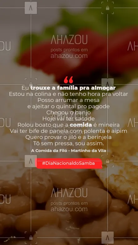posts, legendas e frases de à la carte & self service para whatsapp, instagram e facebook: 🎵 Quem gosta de samba aí? 

Hoje é Dia Nacional do Samba e para celebrar a data, nada como uma boa comida caseira e um sambinha pra comemorar. 

Quem concorda MARCA aquela pessoa que vai comer ouvindo um samba aqui com a gente. 😋

#DiaNacionaldoSamba #Samba #Comida #LetradeMusica #TrechosdeMusica #SambaeComida #AhazouTaste #Gastronomia #Gastro #ComidaBoa #MartinhodaVila
