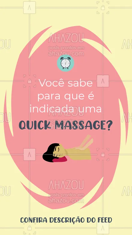 posts, legendas e frases de massoterapia para whatsapp, instagram e facebook: Essa massagem é indicada para: estresse, ansiedade, depressão, lesões por esforço repetitivo (LER), dores de cabeça, mau humor, dificuldade de concentração e indisposição. São apenas 15 minutos de massagens que trarão esses benefícios. #quickmassage #tratamento #AhazouSaude  #massoterapia #relax #massagem