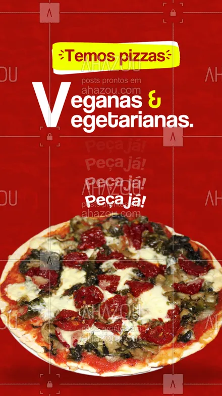 posts, legendas e frases de pizzaria para whatsapp, instagram e facebook: Temos deliciosas opções veganas e vegetarianas, peça já a sua! 🍕 #ahazoutaste #pizza #pizzalovers #pizzaria #pizzavegana #pizzavegetariana