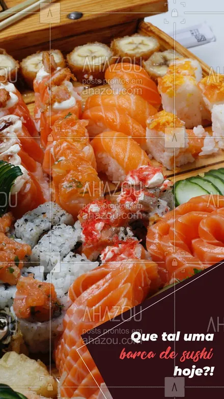 posts, legendas e frases de cozinha japonesa para whatsapp, instagram e facebook: Para finalizar a noite do melhor jeito, que tal uma barca de sushi? Peça já a sua! 
#comidajaponesa #sushi #BarcaDeSushi #ahazoutaste #sushilovers #japanesefood #sushidelivery 